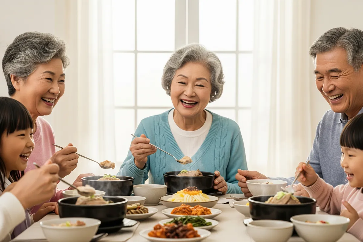 온 가족이 함께하는 건강한 삼계탕 식사 온 가족이 함께하는 건강한 삼계탕 식사