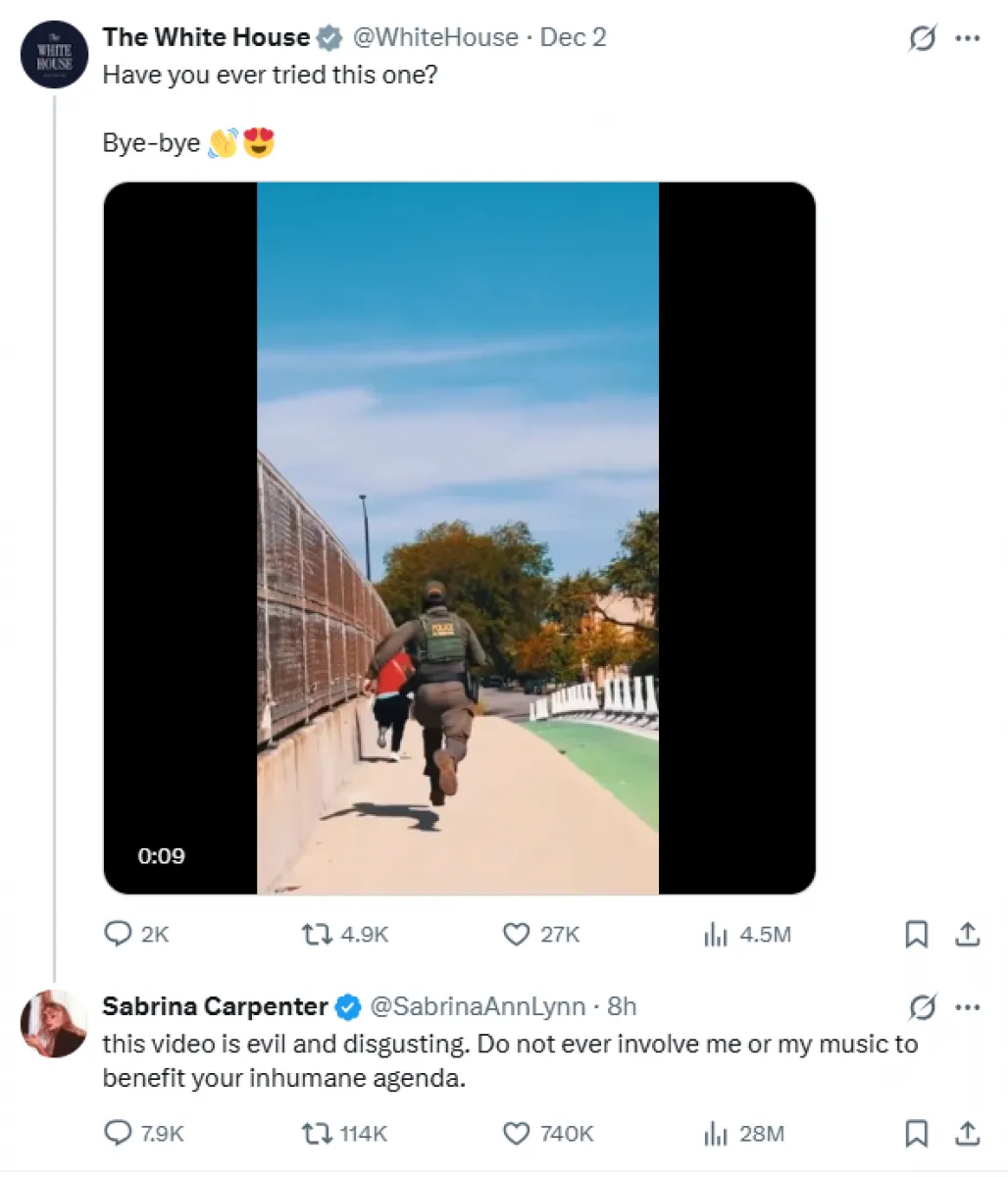 백악관의 불법 이민자 단속 영상에 자신의 노래가 사용된 것을 두고 항의하는 사브리나 카펜터. 엑스(X) 캡처