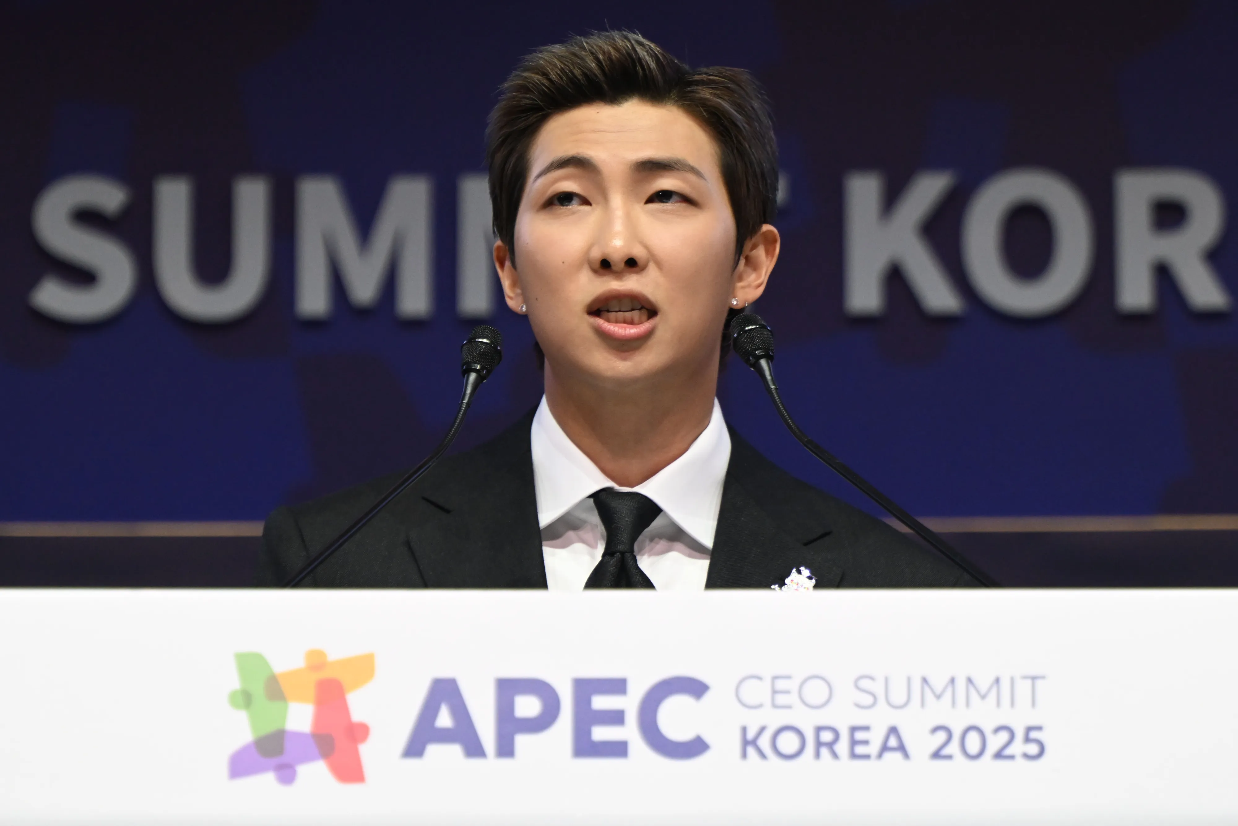 그룹 BTS의 RM(김남준)이 29일 경북 경주예술의전당에서 열린 아시아태평양경제협력체(APEC) 정상회의 최고경영자(CEO) 서밋(Summit)에 참석해 ‘APEC 지역 내 문화산업과 K-컬쳐 소프트파워’를 주제로 연설하고 있다. 2025.10.29 경주 이지훈 기자