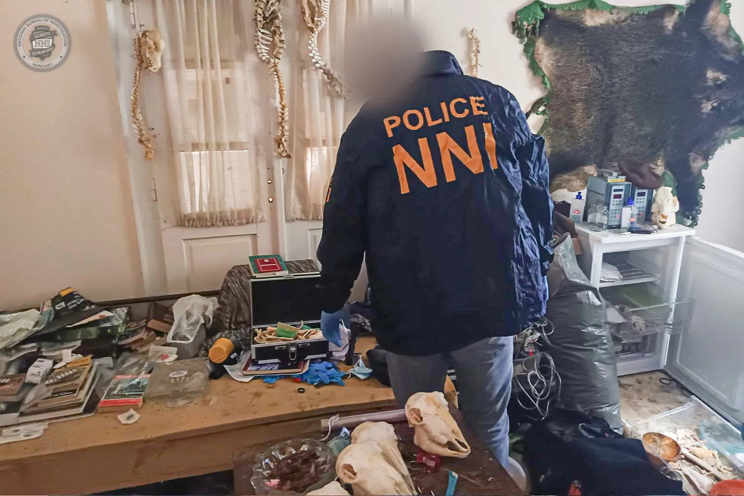 헝가리 국가수사국(NBI)은 지난 17일(현지시간) 부다페스트에서 30대 남성 A씨를 인체불법사용 혐의로 체포했다. 수사국은 A씨가 간호조무사로 일하는 병원과 자택에 인체 부위를 보관하고 있다는 제보를 받고 수사에 착수했다. 헝가리 경찰 제공