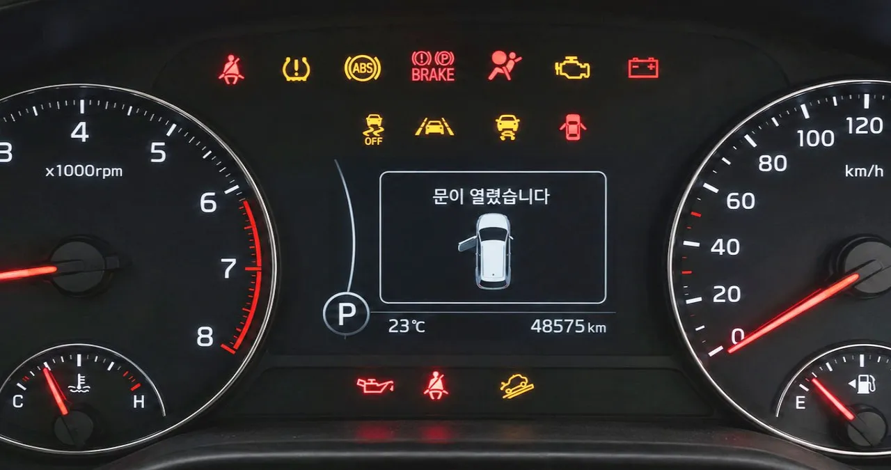 계기판에 많은 경고등이 떠 있는 모습