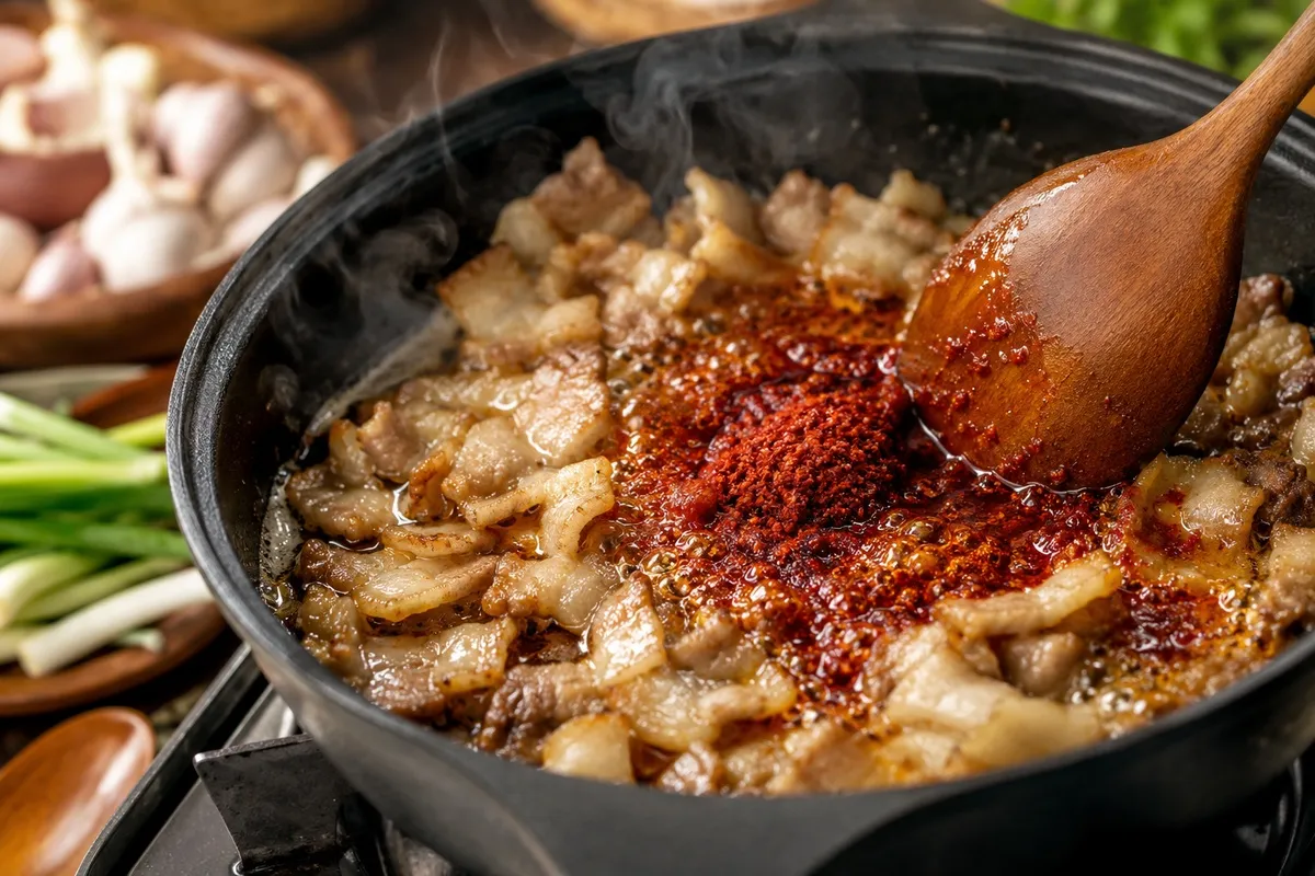 삼겹살을 먼저 볶아 기름을 내면 국물 맛이 한층 깊어진다.