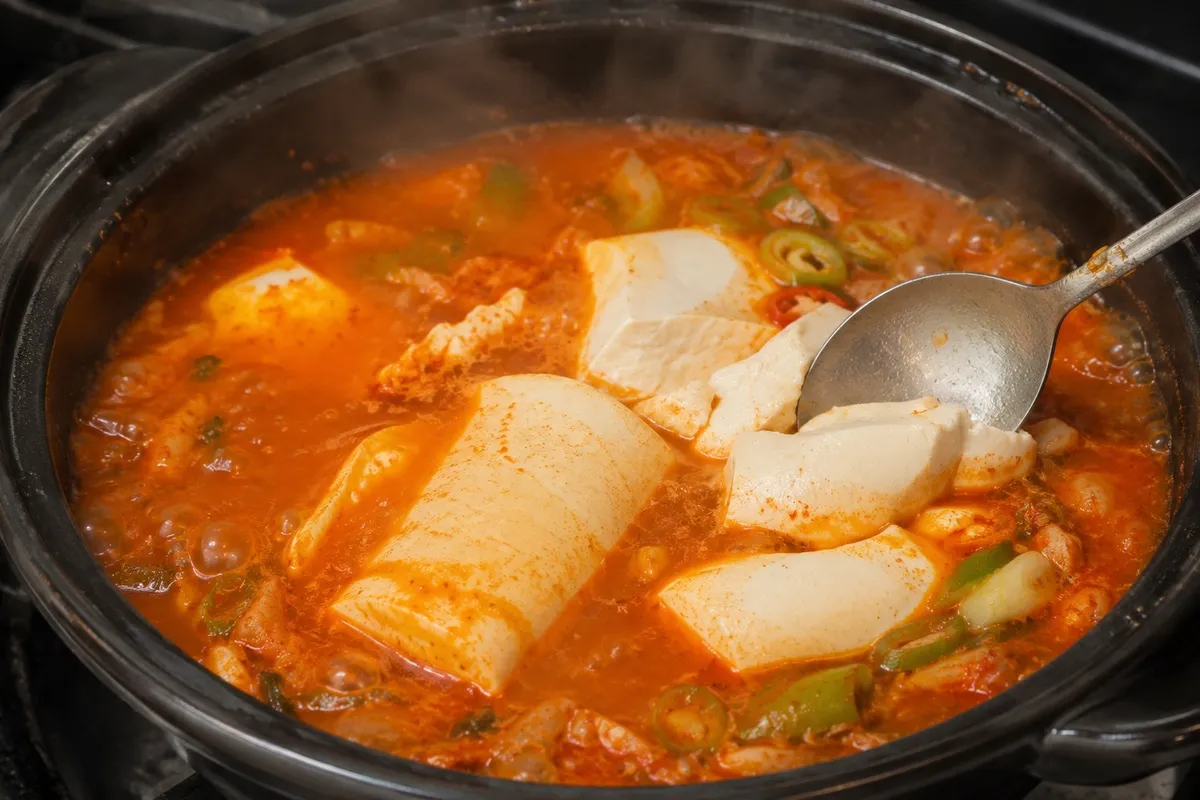 국물이 완성된 뒤 순두부를 큼직하게 넣어야 쉽게 부서지지 않는다.