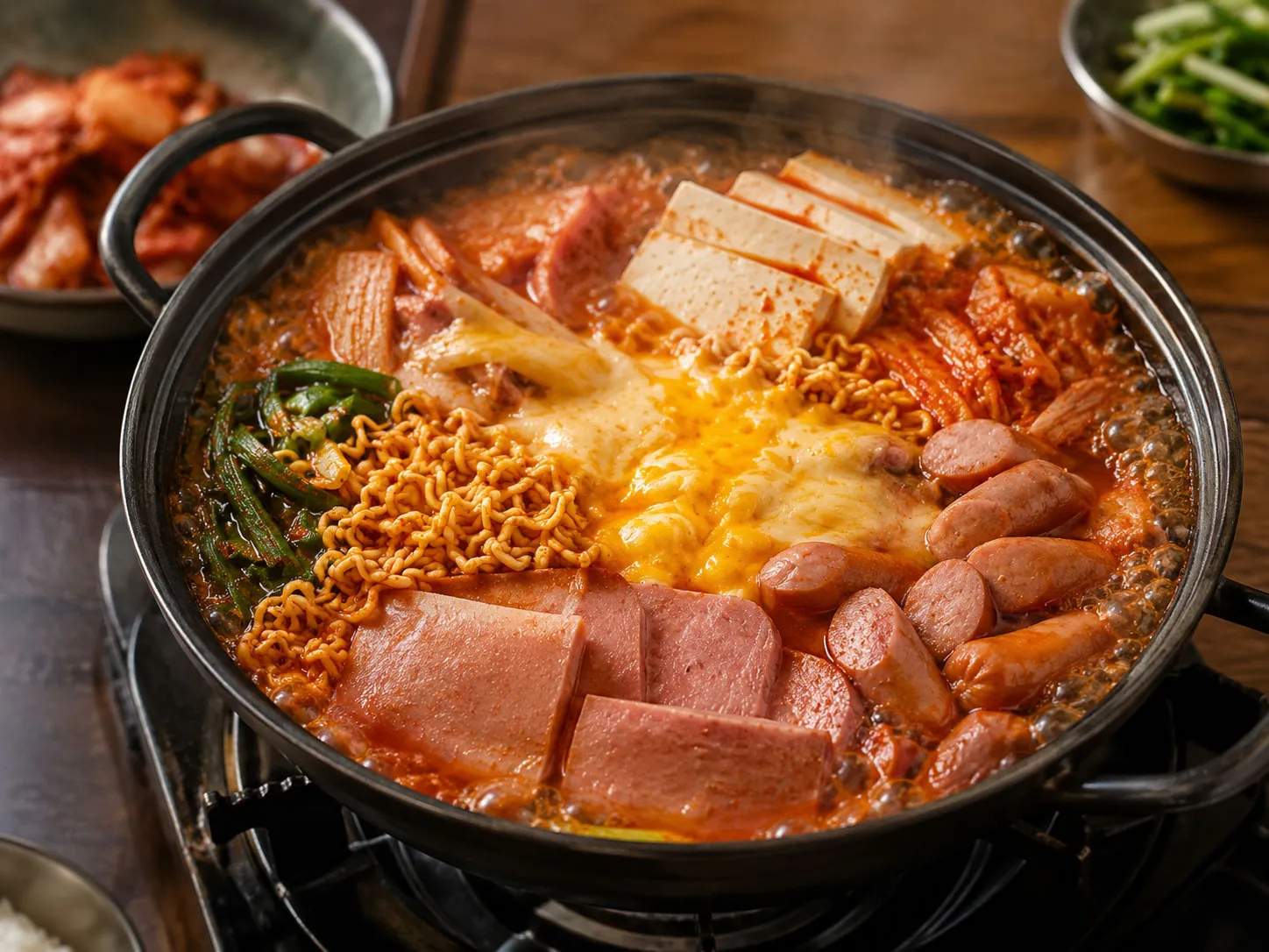 햄, 소시지, 라면, 치즈가 함께 들어간 부대찌개는 나트륨·지방·정제 탄수화물이 한꺼번에 몰리는 대표적인 식단이다.