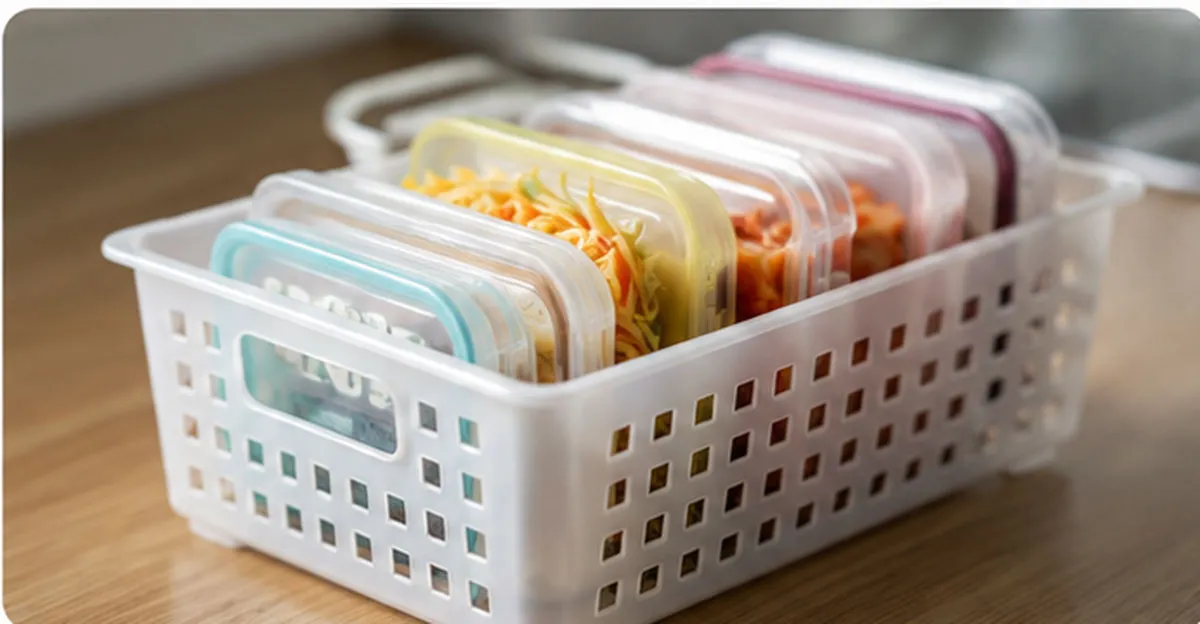 반찬통과 식재료 용기를 위로 쌓지 않고 세로로 꽂아두면 아래 용기를 들어낼 필요 없이 필요한 것만 바로 꺼낼 수 있다.