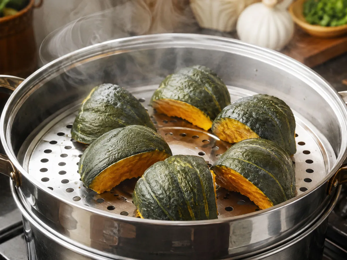 속살이 아래를 향하도록 뒤집어 찜기에 올린 단호박. 수분이 아래로 빠져나가 포슬포슬한 식감을 살리는 방법이다.