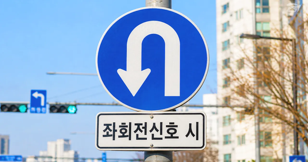 좌회전 신호 시 보조 문구가 붙은 유턴 표지