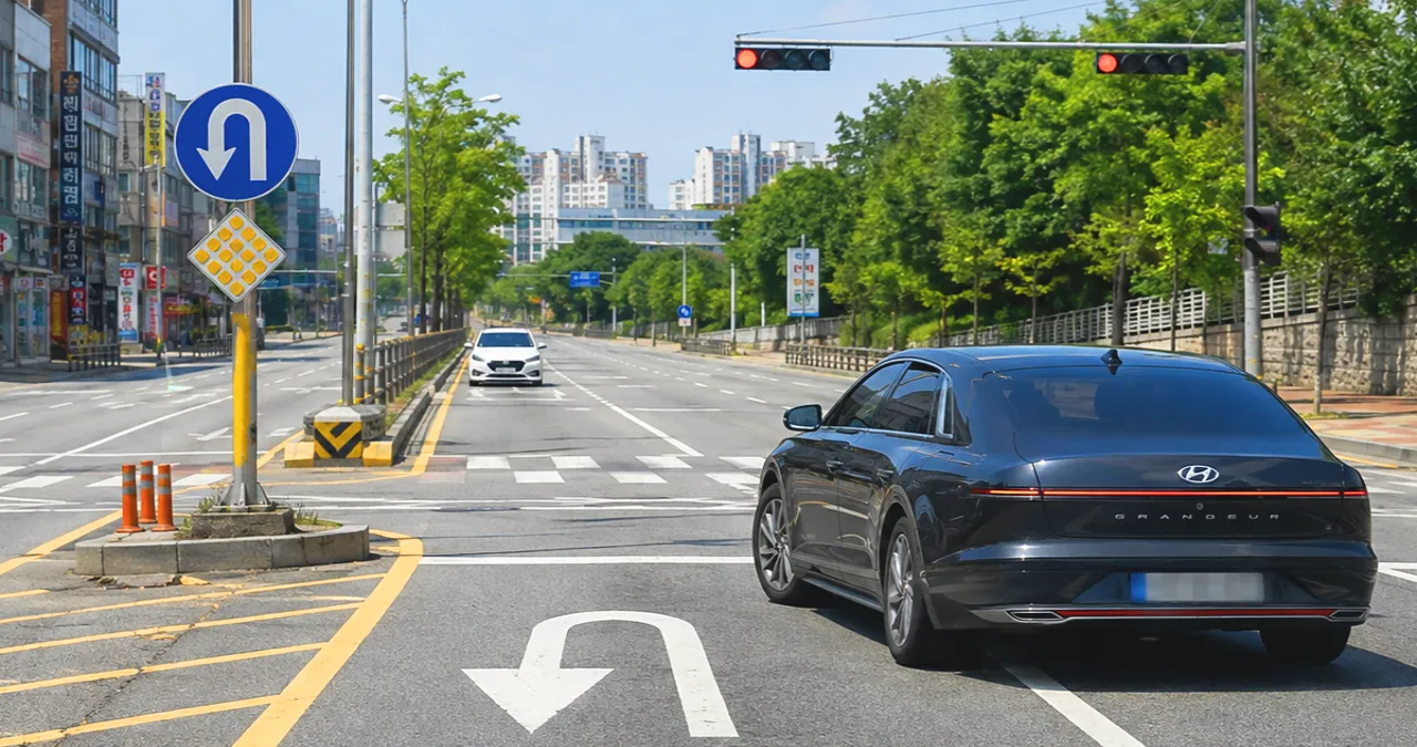 안전하게 대향차 확인 후 유턴하는 장면