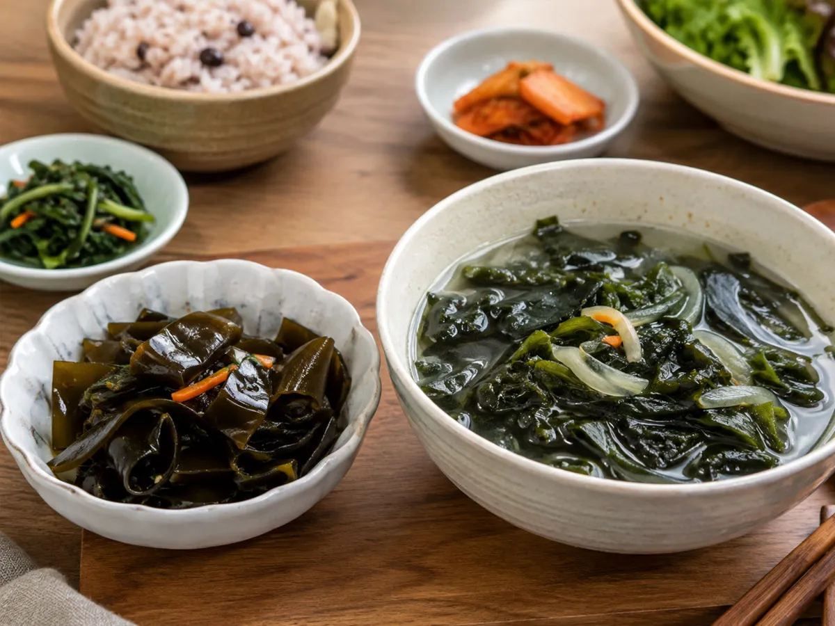 알긴산이 풍부한 다시마 반찬과 미역국을 함께 차린 식사 모습.