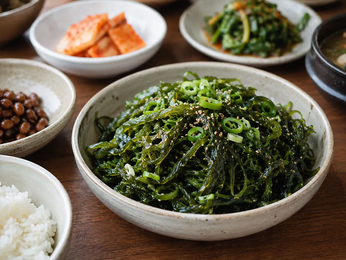 폴리페놀이 풍부한 파래를 반찬으로 담아 혈관 건강 식단 분위기를 보여주는 모습.