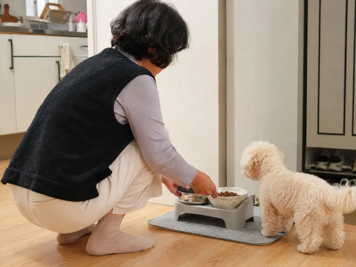 집 안에서 반려견에게 밥을 챙겨주는 장면. 먹이를 주고 돌보는 일상이 무기력해지기 쉬운 하루에 분명한 목적을 더한다.