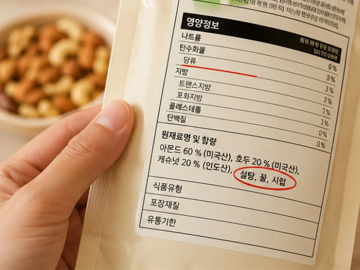 견과류 제품의 원재료명에서 설탕·꿀·시럽 등 당류 첨가 여부를 확인하는 모습.