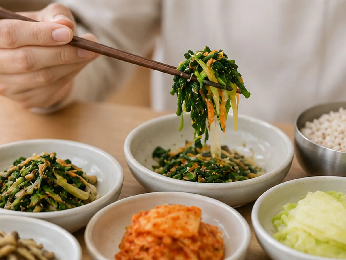 밥을 먹기 전 나물과 채소 반찬을 먼저 집어 먹는 식사 모습.