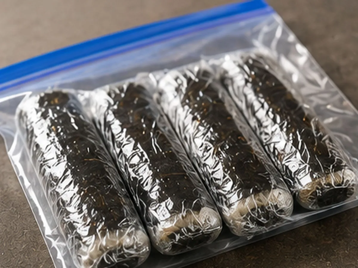 남은 김밥을 랩으로 감싸 지퍼백에 넣어 냉동 보관하는 모습.