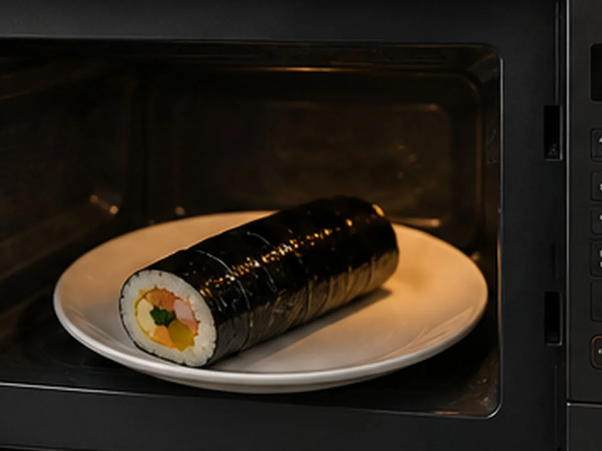 냉동 김밥을 실온 해동하지 않고 바로 전자레인지에 넣어 데우는 모습.