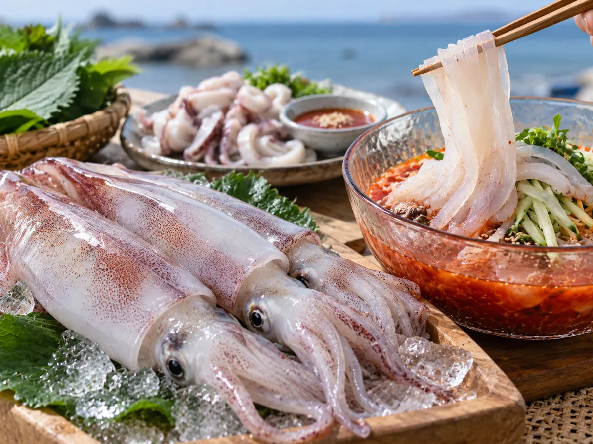 얇게 썬 한치와 오이·배 등 채소를 차가운 육수에 곁들여 가볍게 즐기는 여름 별미.