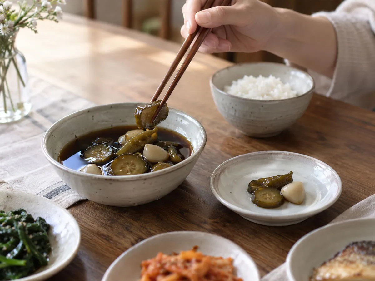 국물은 남겨두고 젓가락으로 장아찌 몇 점만 작은 접시에 덜어 먹는 모습.