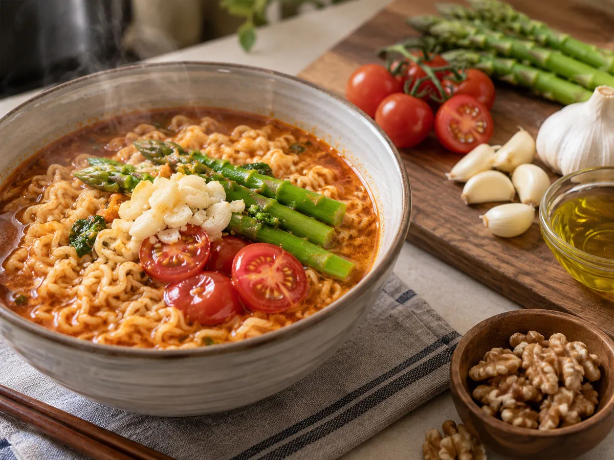 라면 위에 마늘과 아스파라거스, 방울토마토를 풍성하게 더한 조리 예시.