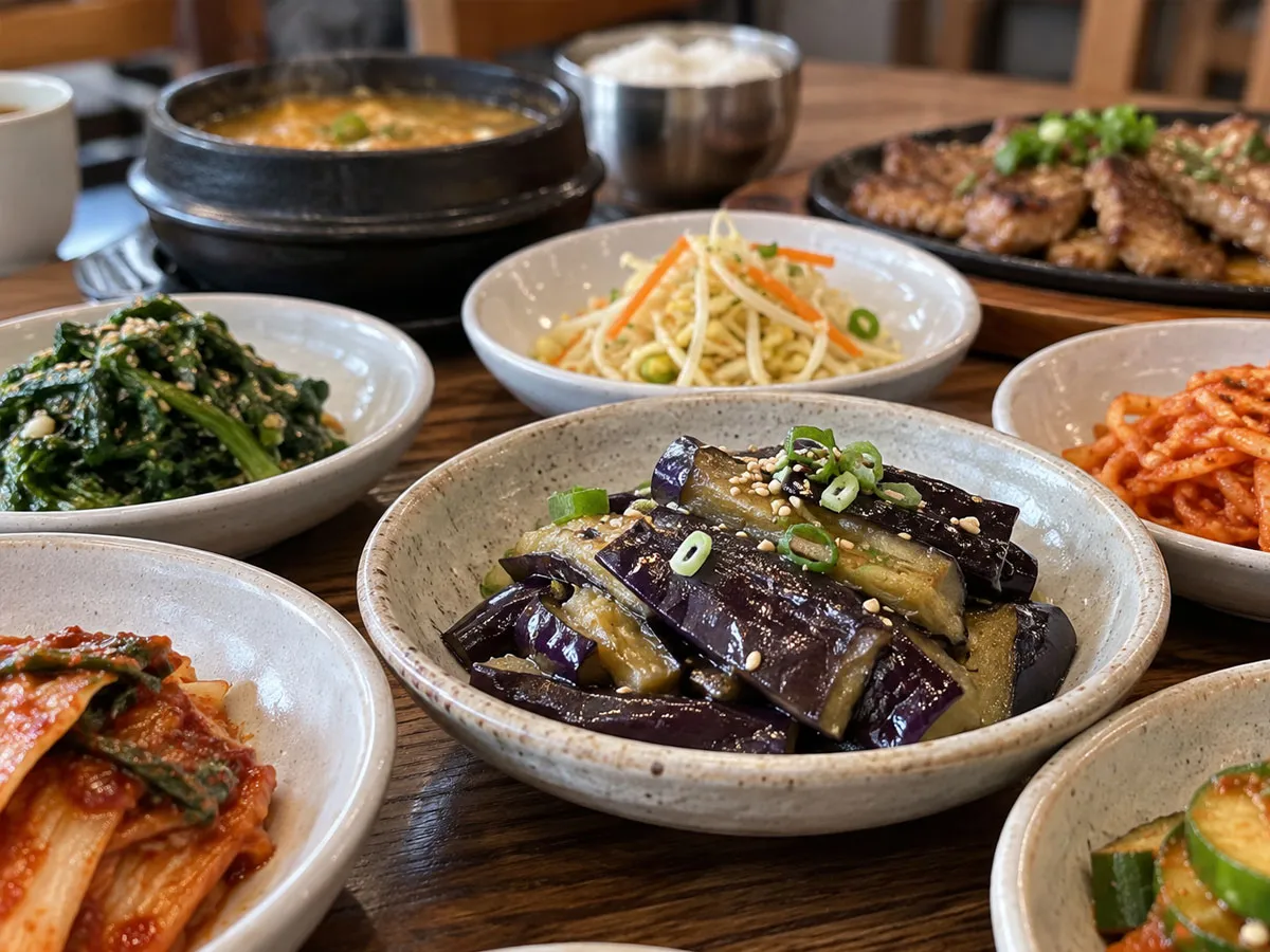 기름을 많이 사용하지 않고 가볍게 무쳐낸 가지 반찬과 다양한 나물 반찬을 함께 담은 사진.