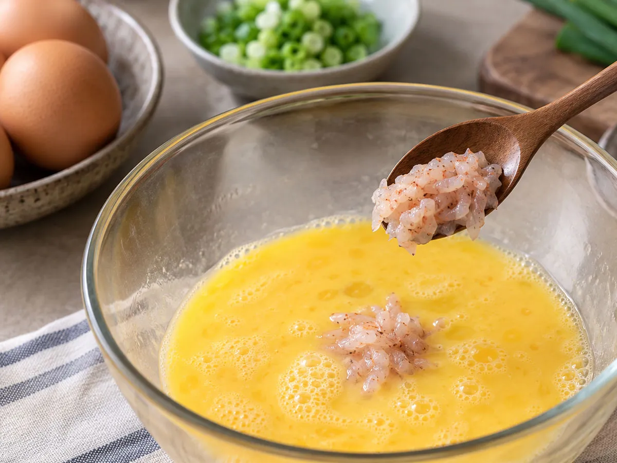 풀어놓은 계란에 새우젓을 조금 넣어 감칠맛을 더하는 조리 과정을 담은 사진.