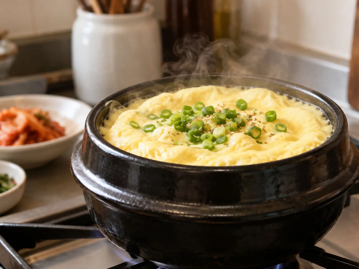 센 불 대신 약불에서 계란찜을 천천히 익혀 부드러운 식감을 만드는 장면.