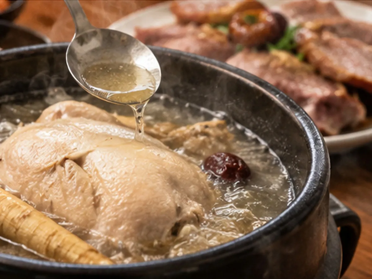 진한 국물에 닭 한 마리가 들어간 삼계탕을 가까이서 담았다. 노년층에게 무조건 기름진 보양식을 권하기보다 소화 상태와 식단 구성을 함께 살펴야 한다는 기사 내용을 보여준다.