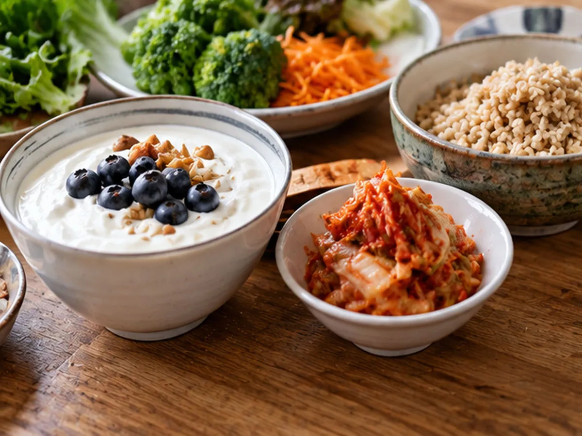요거트와 김치, 통곡물, 채소 등 다양한 식품을 한 식탁에 차린 모습. 보충제에만 의존하기보다 식이섬유와 발효식품을 활용하는 식습관의 중요성을 담았다.