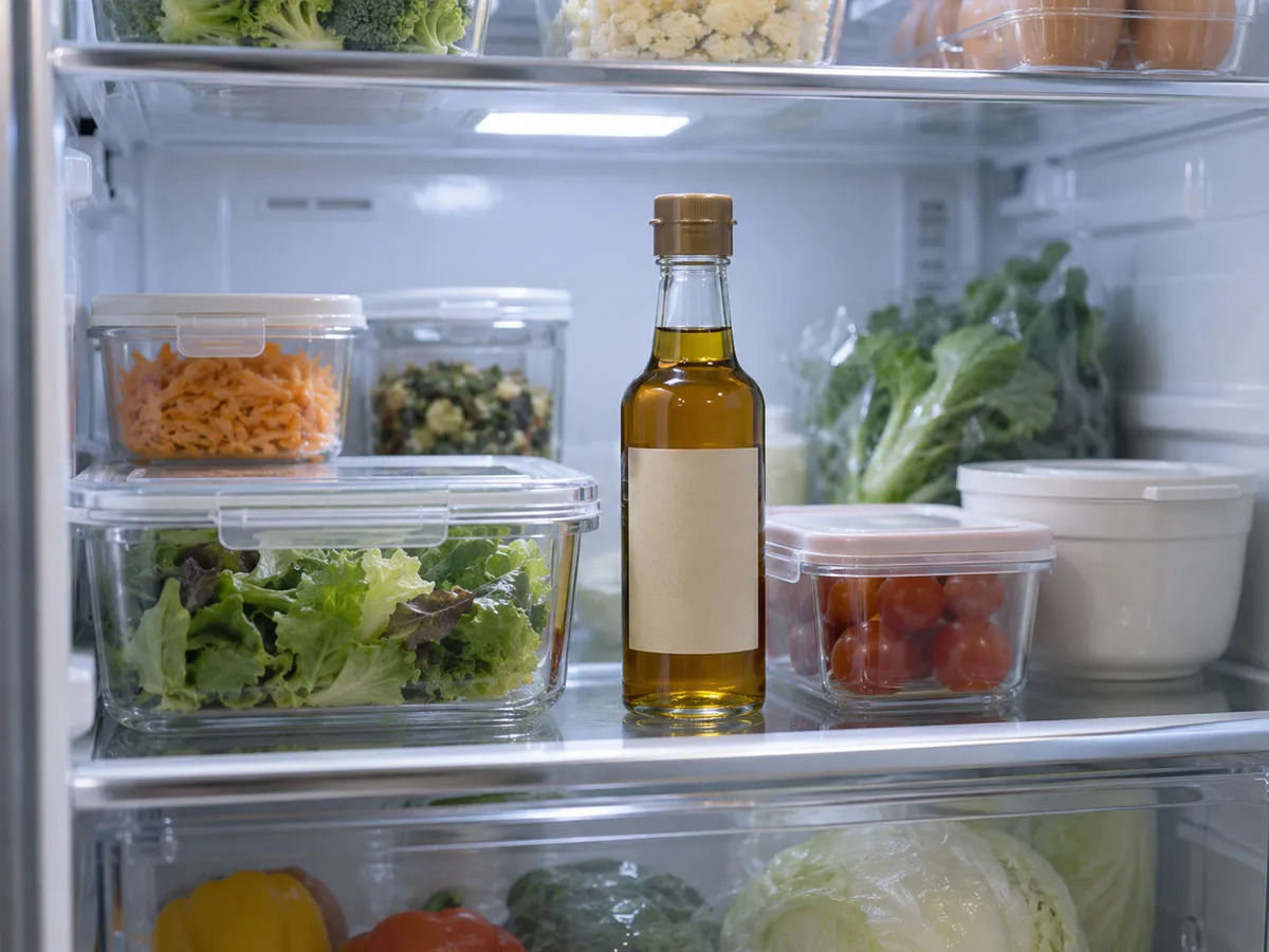 냉장고 깊숙한 선반에 들기름 병을 보관한 모습이다. 문 쪽보다 온도 변화가 적은 냉장실 안쪽이 들기름의 신선한 맛과 향을 오래 유지하는 데 유리하다.