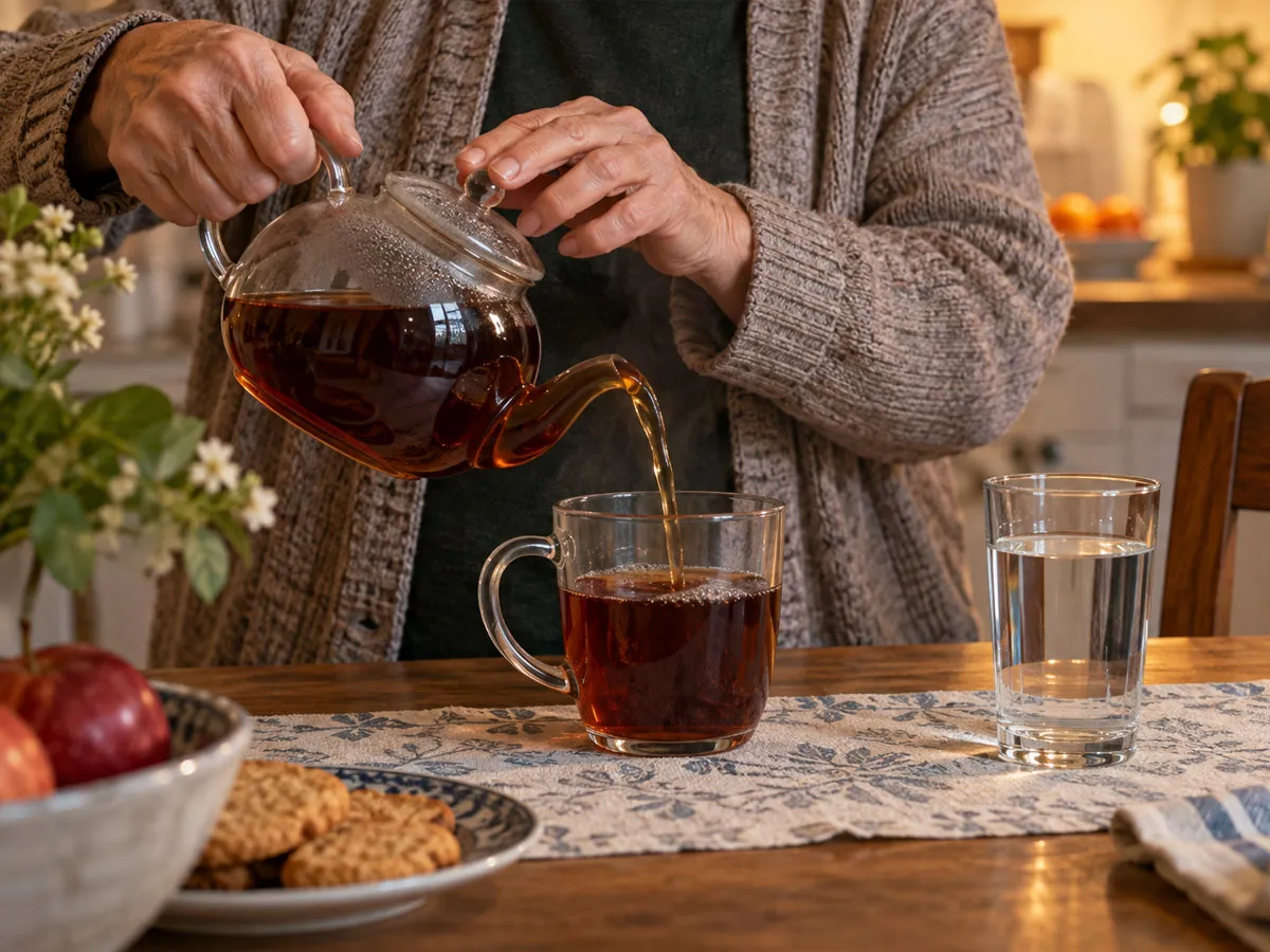 투명한 물컵은 그대로 놓인 채 진하게 우린 홍차를 큰 유리잔에 여러 번 따라 마시는 중장년층의 손을 중심으로 담은 장면. 맹물 대신 카페인이 든 차를 습관적으로 선택하는 상황이 한눈에 드러난다.