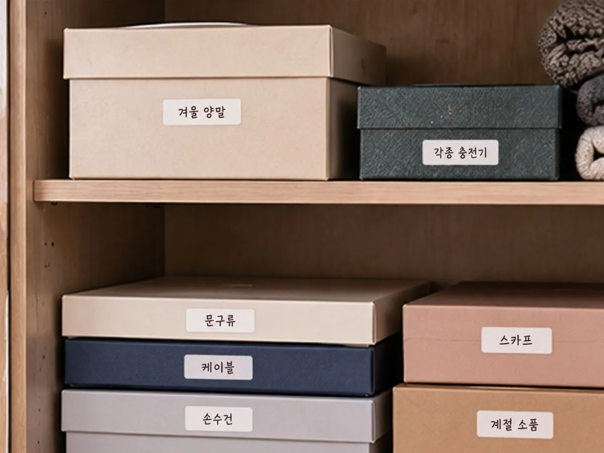 선물 상자를 재활용한 수납함에 ‘겨울 양말’, ‘각종 충전기’, ‘문구류’, ‘케이블’ 등 내용물을 적은 라벨이 붙어 있다. 상자를 열어보지 않아도 무엇이 들어 있는지 바로 확인할 수 있어 정리와 물건 찾기가 한결 쉬워진다.