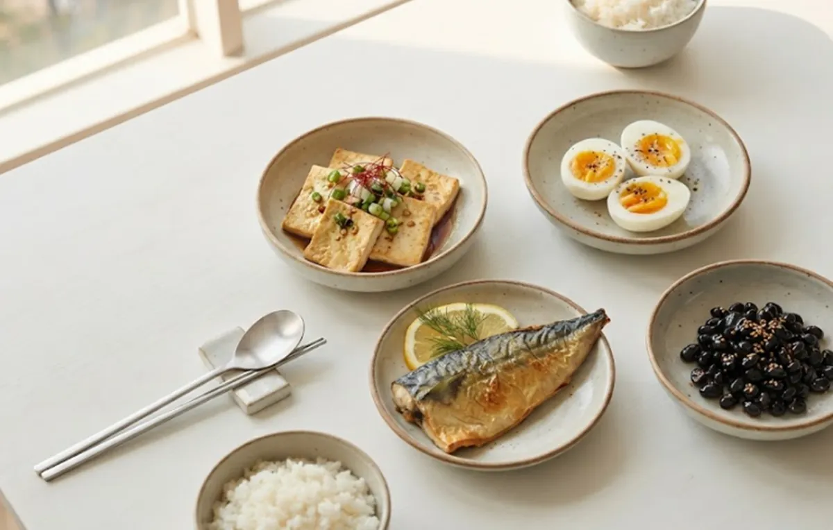 사진 : 두부 부침, 삶은 달걀, 생선구이, 콩자반 / 생성형 이미지