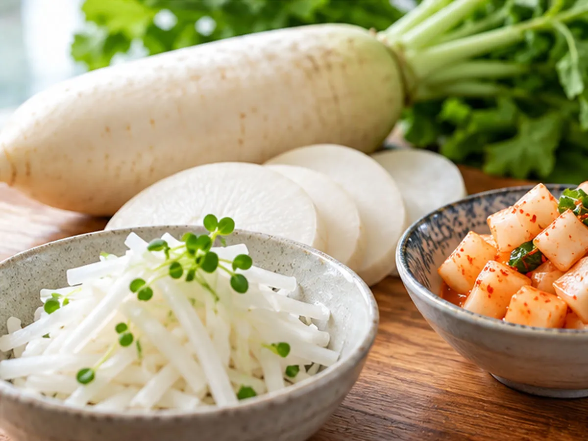 무 특유의 알싸한 맛을 내는 이소티오시아네이트는 항산화·항염 작용이 연구되고 있는 성분이다. 비타민 C와 소화 효소도 함유하고 있으며, 생으로 먹거나 가볍게 절여 먹으면 열에 민감한 영양소의 손실을 줄일 수 있다.