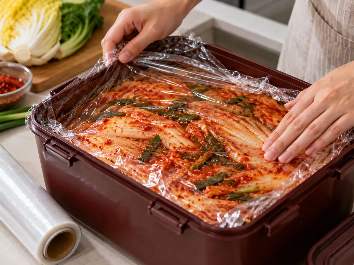 김치통에 담긴 배추김치 위로 투명한 비닐 랩을 밀착시키는 모습. 김치 표면과 공기의 접촉을 줄여 산화와 골마지 발생을 늦추는 간단한 보관 방법이다.