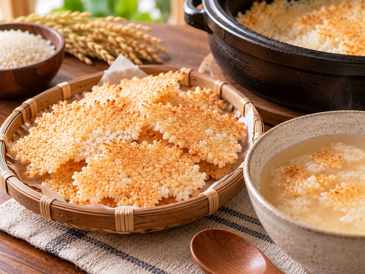 지나치게 태우지 않고 황금빛으로 구워낸 누룽지. 유해물질 생성을 줄이려면 과도한 가열을 피하고, 숭늉으로 즐길 때도 자신의 혈당 상태와 전체 식사량을 고려하는 것이 좋다.
