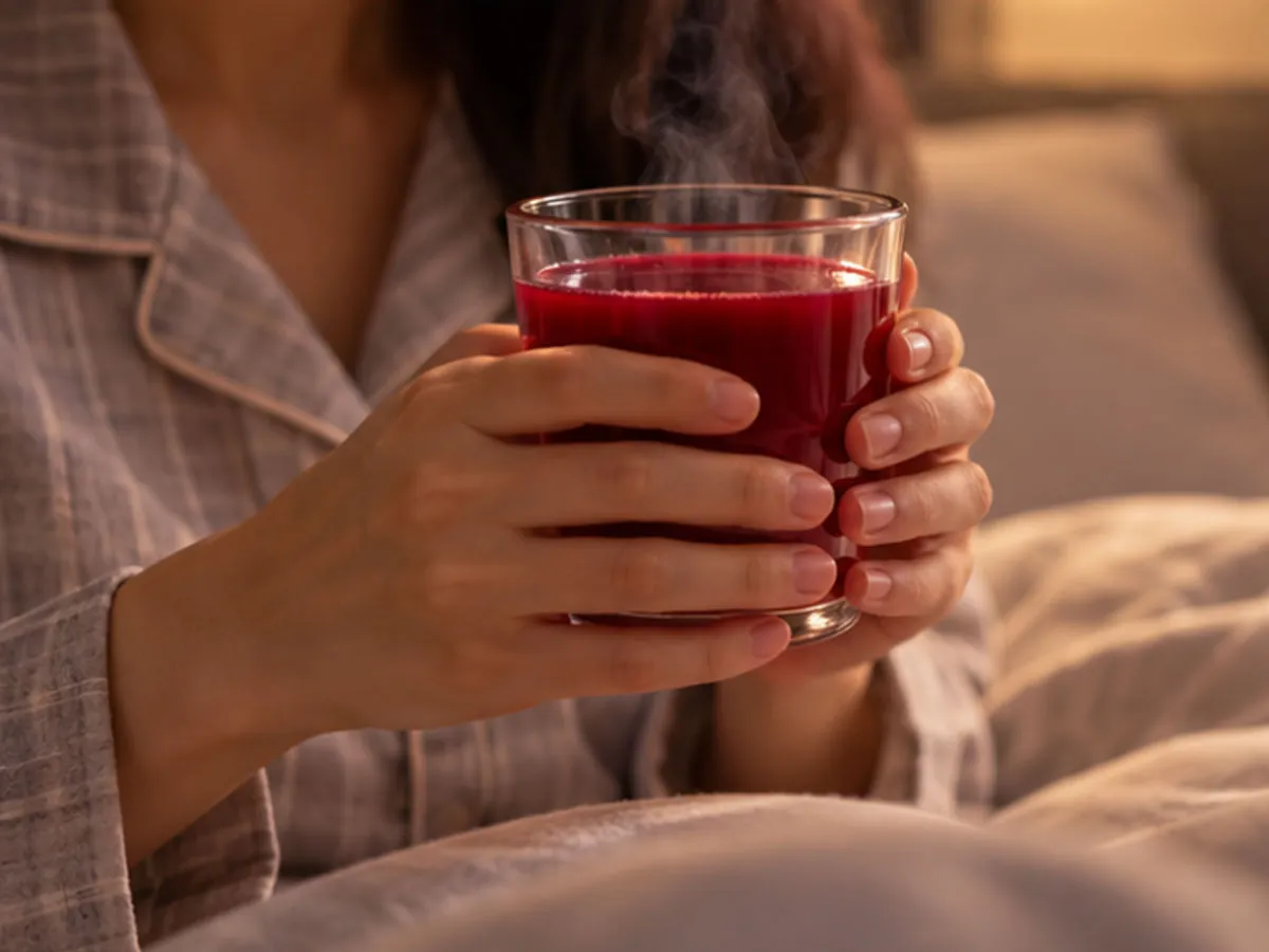침실이나 거실의 편안한 공간에서 작은 유리잔에 담긴 약 100~150ml 정도의 붉은 음료를 두 손으로 감싸 쥔 모습. 얼굴은 드러내지 않고 손과 잔에 초점을 맞춰, 잠들기 전 많은 양을 마시기보다 적당한 양을 천천히 섭취하는 상황을 표현한다.