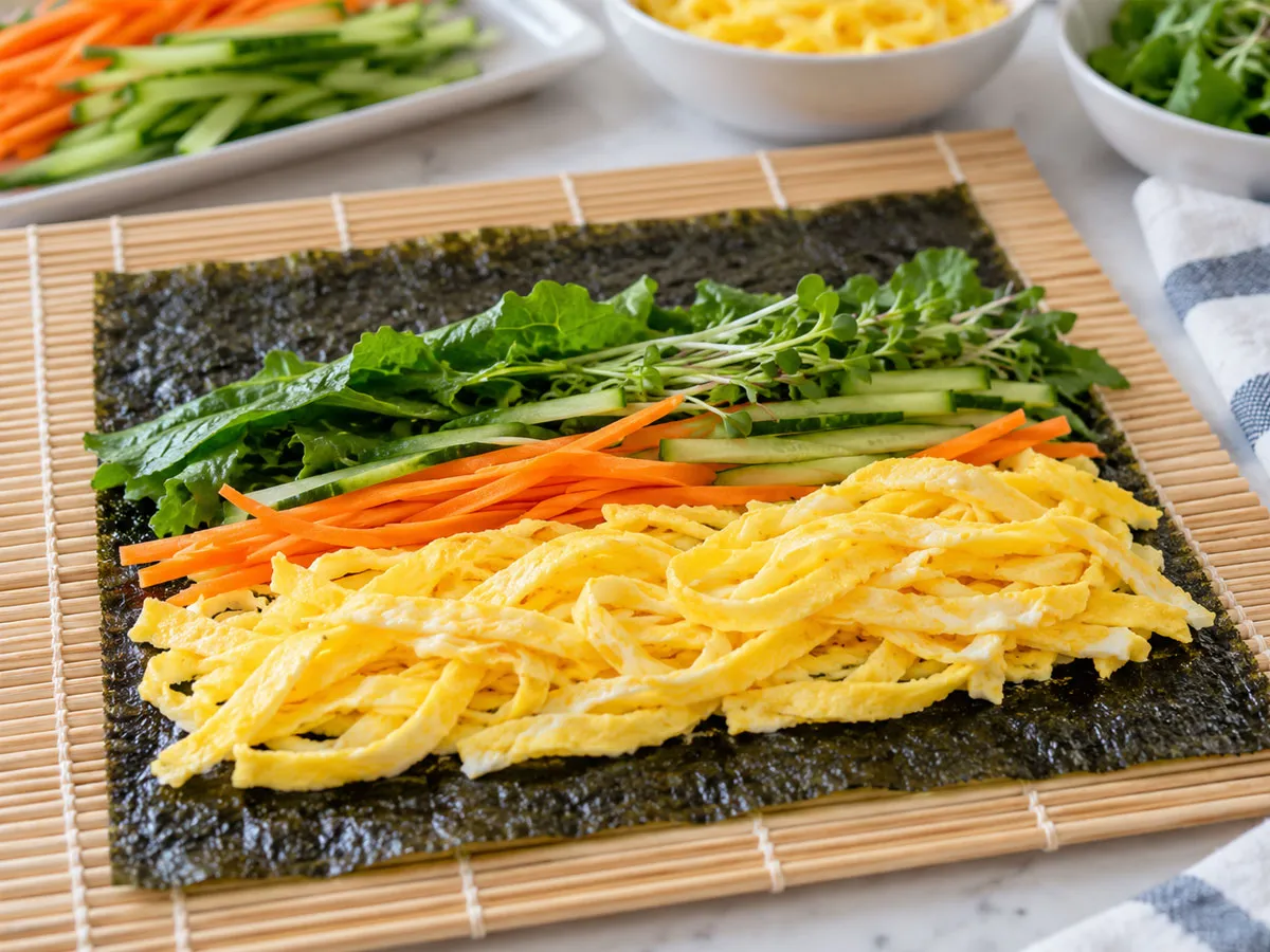 김 위에 밥을 거의 사용하지 않고 노란 달걀지단을 넉넉하게 펼쳐 놓은 김밥 조리 과정. 탄수화물이 많은 밥 대신 단백질이 풍부한 달걀로 부피와 포만감을 채우는 방법을 보여준다.