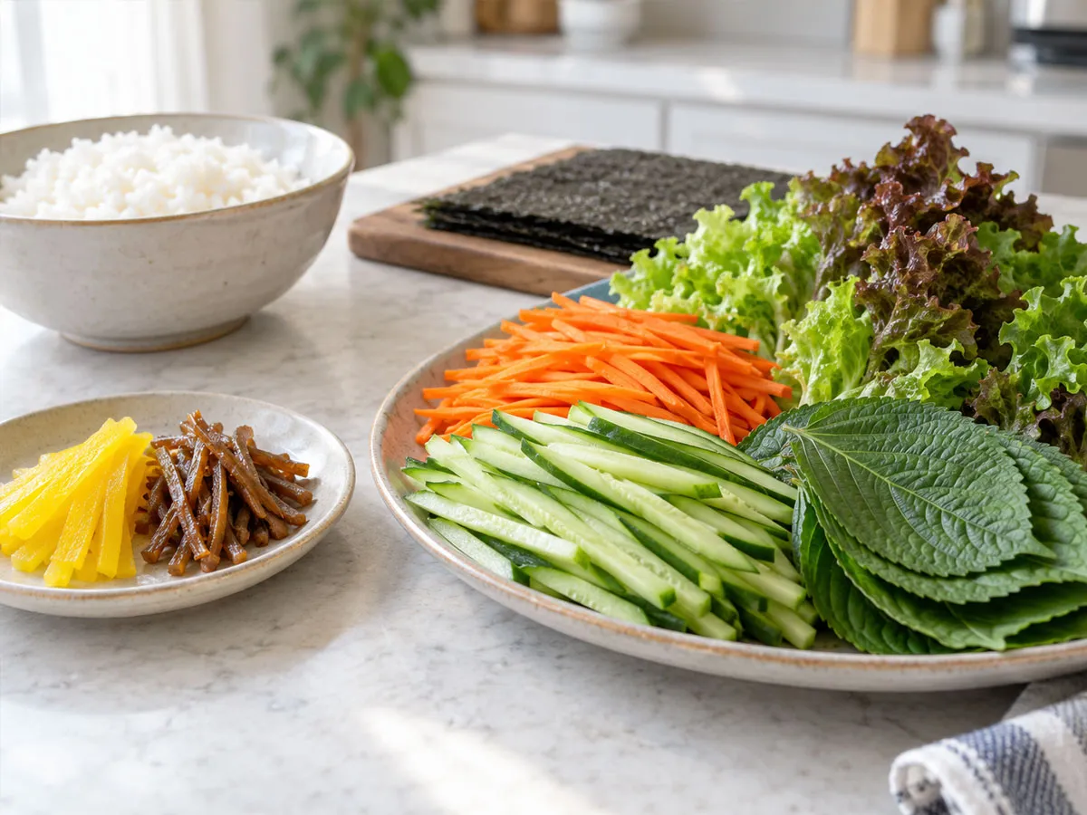김밥 재료를 준비한 주방에서 단무지와 양념된 우엉은 소량만 놓고, 옆에는 오이와 당근, 깻잎 등 신선한 채소를 넉넉히 준비한 모습. 달고 짠 양념 재료를 줄이는 것이 건강한 김밥의 또 다른 핵심임을 보여준다.