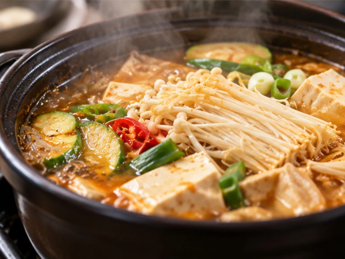 두부와 채소가 들어간 뜨거운 전골 또는 된장찌개에 팽이버섯이 넉넉히 들어간 모습. 특별한 건강식이 아니라 일상 식사에 자연스럽게 곁들이는 재료라는 점을 보여준다.