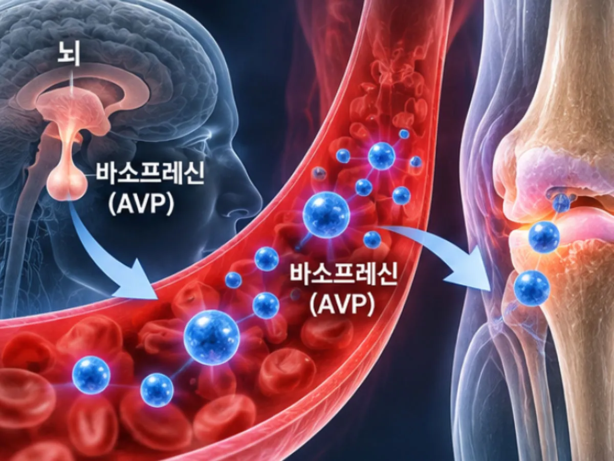 혈압 측정기와 인체 혈관을 연상시키는 의료 환경을 중심으로 구성한 장면. 고혈압 상태에서 혈중 바소프레신 농도가 증가하고, 이 호르몬이 혈액을 통해 관절까지 영향을 미칠 수 있다는 연구 결과를 표현한다.