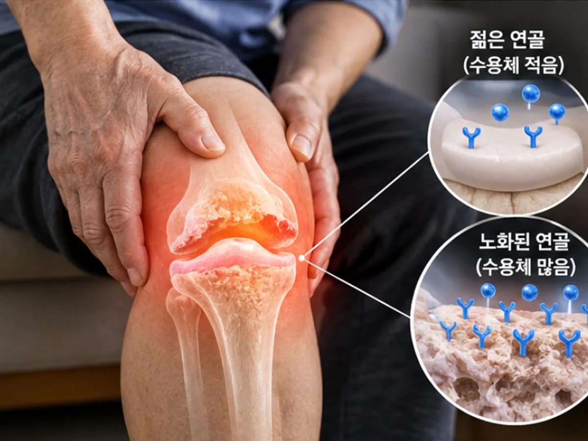 중장년층의 무릎 부위를 중심으로 관절 통증을 느끼는 모습을 담은 실사 사진. 노화되거나 손상된 연골에서 바소프레신 수용체가 증가해 연골 손상이 더 빠르게 진행될 수 있다는 내용을 보여준다.