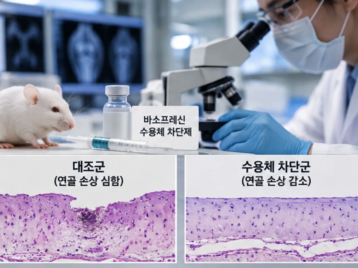 연구실에서 관절 조직이나 실험 자료를 관찰하는 연구자의 손과 실험 장비를 담은 장면. 바소프레신 수용체를 차단했을 때 연골 손상이 감소한 동물실험 결과를 상징적으로 표현한다.