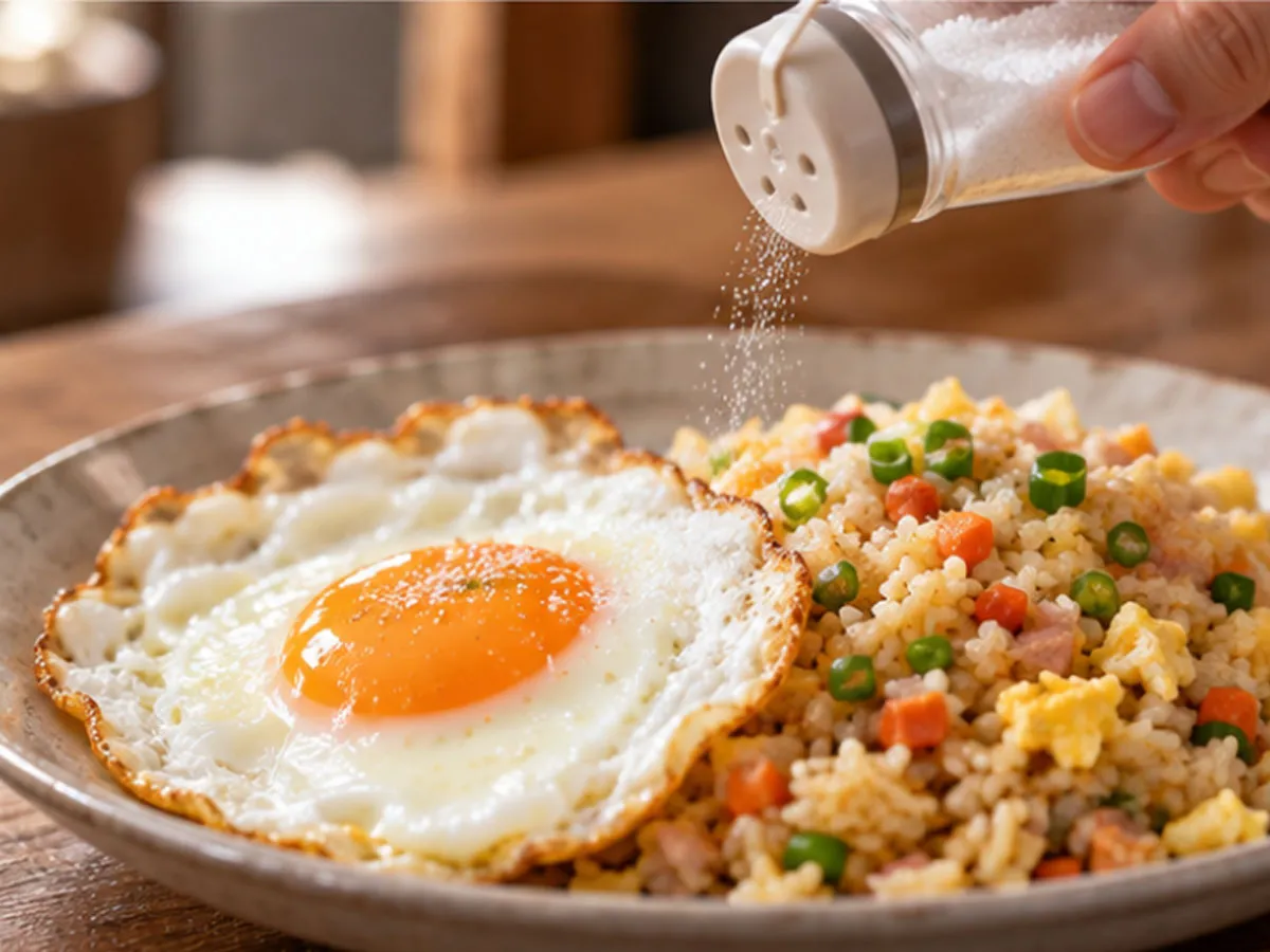 갓 만든 계란프라이와 볶음밥 위에 소량의 맛소금을 뿌리는 장면. 짠맛과 함께 감칠맛을 간편하게 더할 수 있지만, 소금 종류와 관계없이 전체 나트륨 섭취량을 조절하는 것이 중요하다는 내용을 표현한다.
