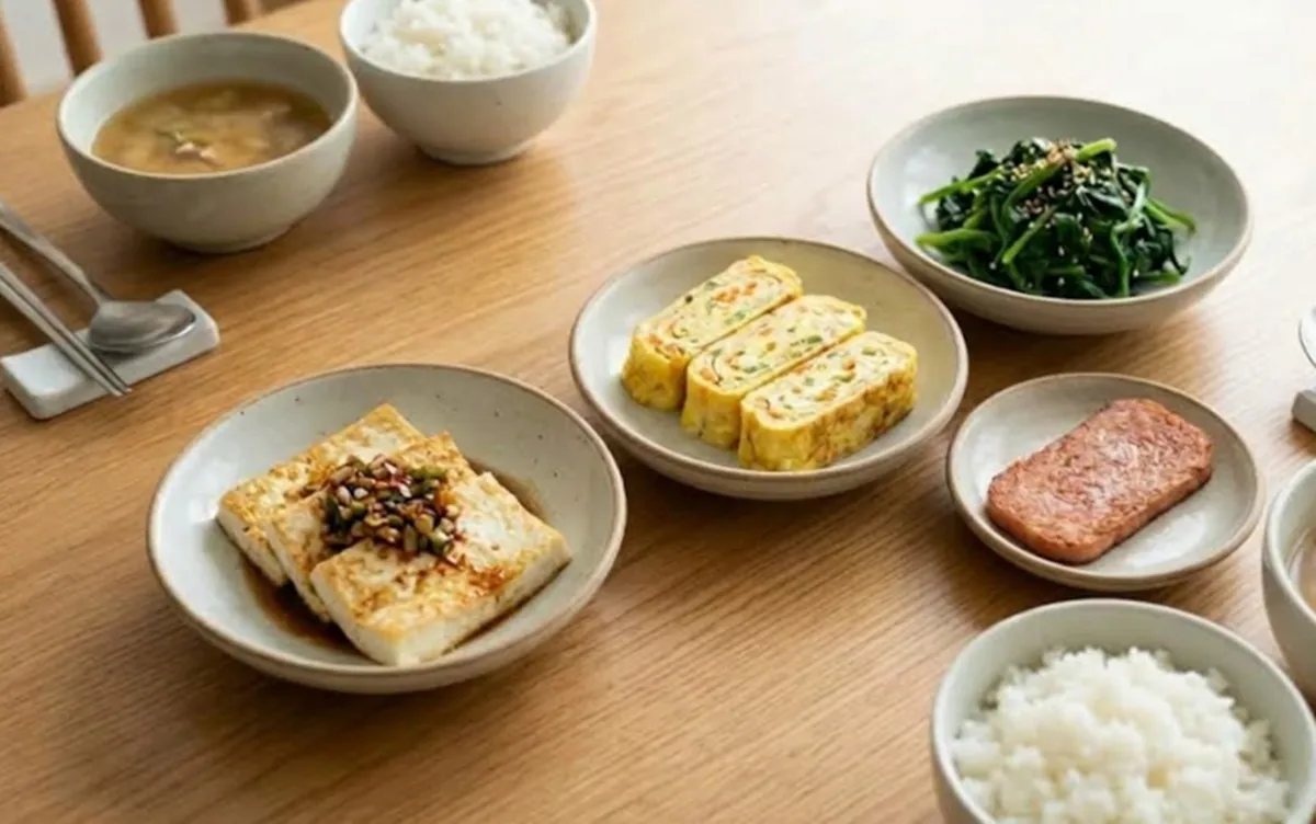 사진 : 두부,달걀,나물,햄 반찬 / 생성형 이미지