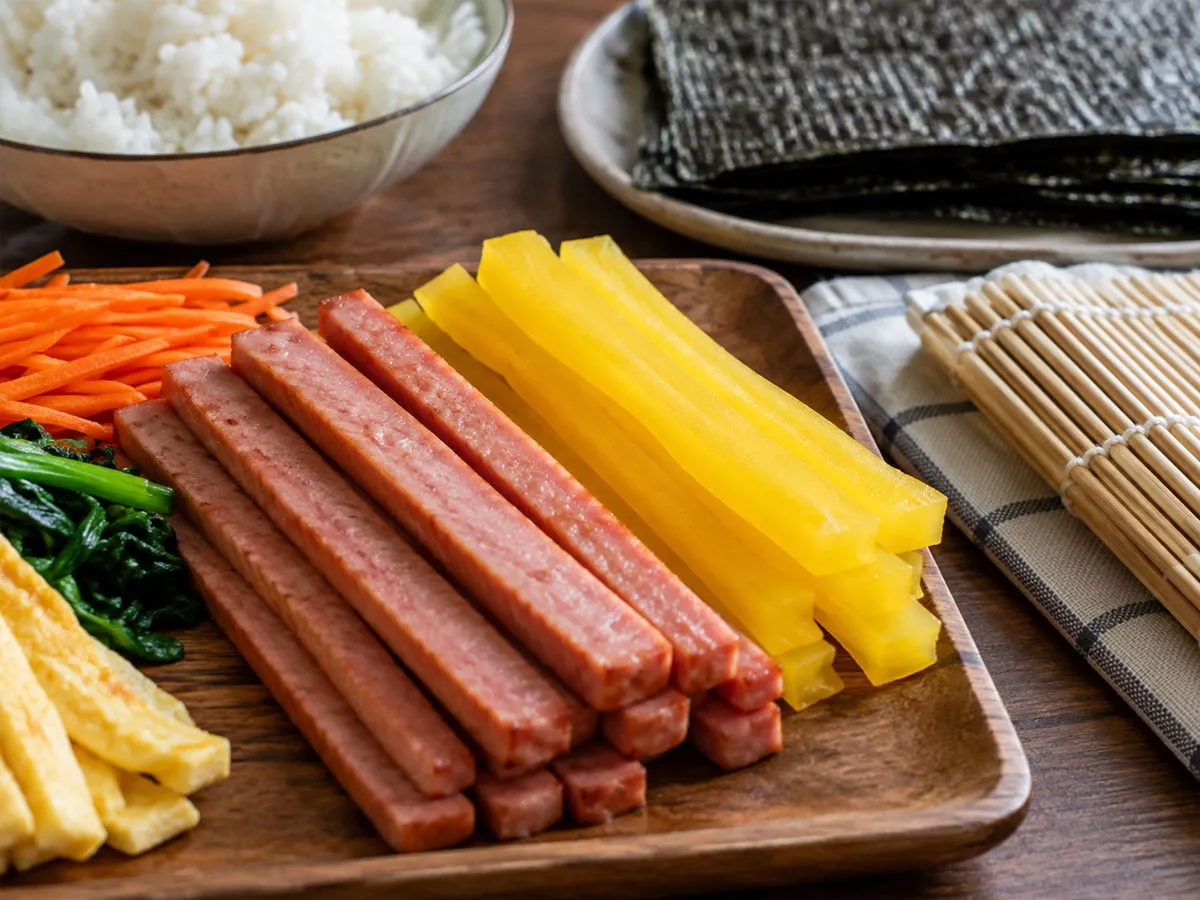 김밥 재료로 흔히 사용하는 햄과 노란 단무지를 가까이에서 보여주는 사진. 가공 과정에서 첨가되는 나트륨과 당류에 주의할 필요가 있다.
