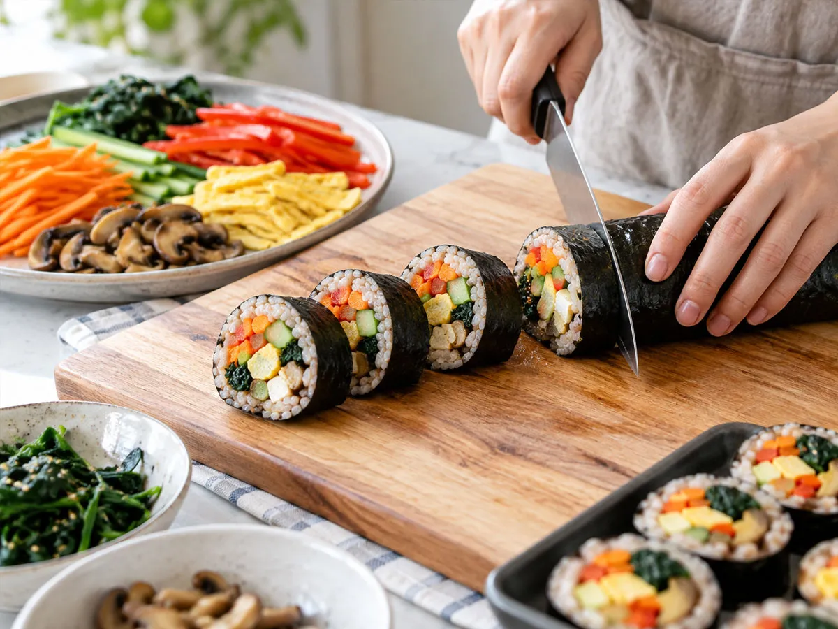 달걀지단과 오이, 파프리카, 시금치를 풍성하게 넣고 밥은 얇게 편 건강 김밥. 재료 선택과 비율을 바꾸면 영양 균형을 개선할 수 있다.