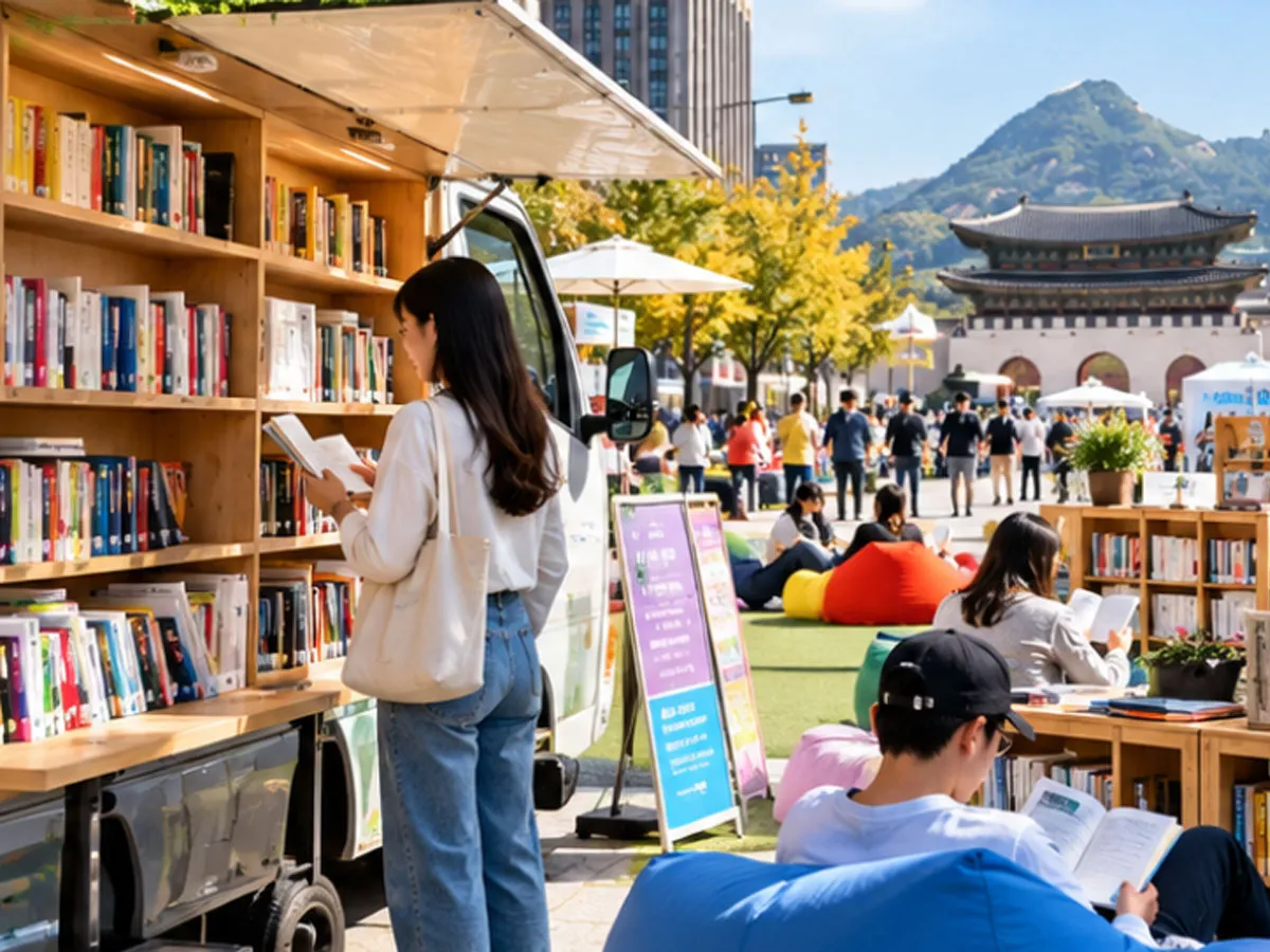 광화문광장에 설치된 이동식 서가와 북트럭에서 시민들이 책을 고르고 있다. 별도의 대출 절차 없이 자유롭게 책을 읽을 수 있으며, 점심시간을 활용한 ‘광화문 북런치’ 프로그램도 운영된다.