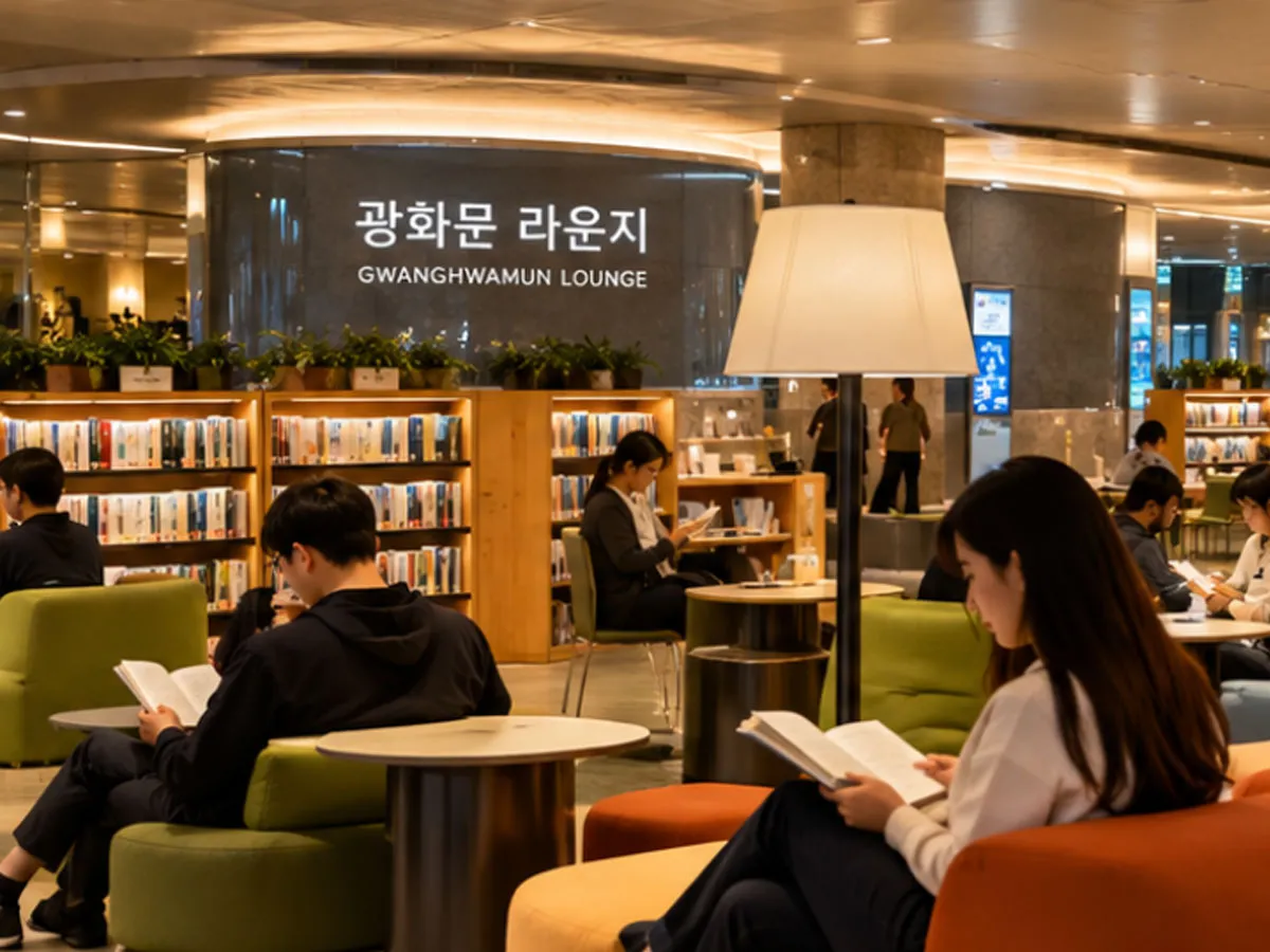세종대왕 동상 아래 지하에 마련된 ‘광화문 라운지’를 표현한 이미지. 편안한 좌석과 서가를 갖춘 실내 독서 공간으로, 야외 활동이 어려운 날에도 다양한 주제의 책을 살펴보며 휴식을 취할 수 있다.