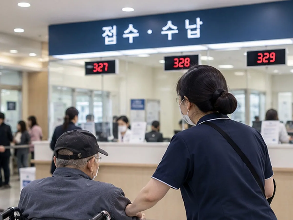 휠체어를 이용하는 어르신과 함께 병원 접수 창구로 이동하는 요양보호사. 병원동행 서비스는 이동 보조뿐 아니라 진료 접수와 수납 등 병원 이용에 필요한 과정도 지원한다.