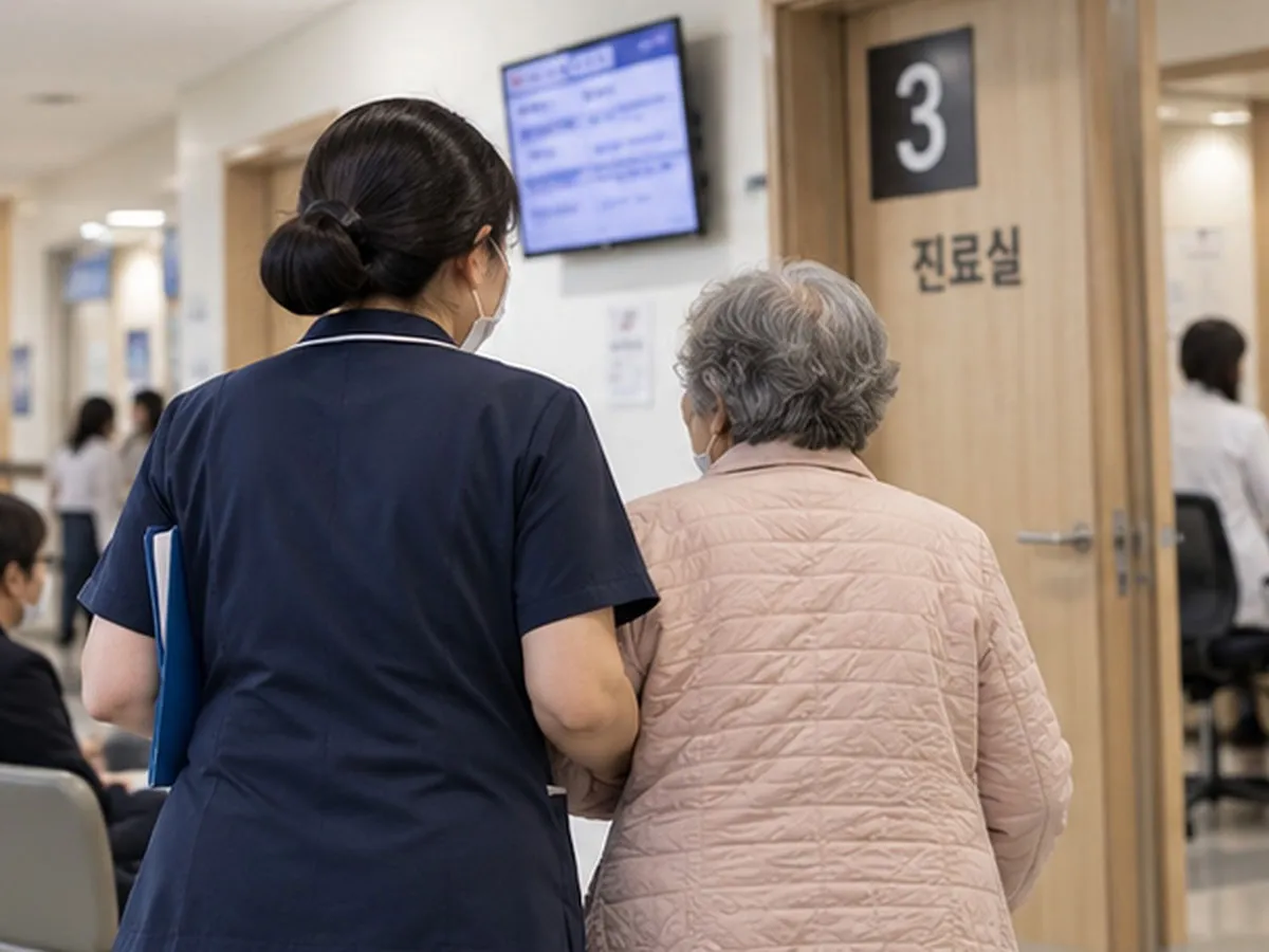 요양보호사가 어르신의 팔을 부축하며 진료실로 향하는 모습. 장기요양 1~5등급 수급자 중 시범사업 참여기관 이용자는 병원동행 서비스를 신청할 수 있다.