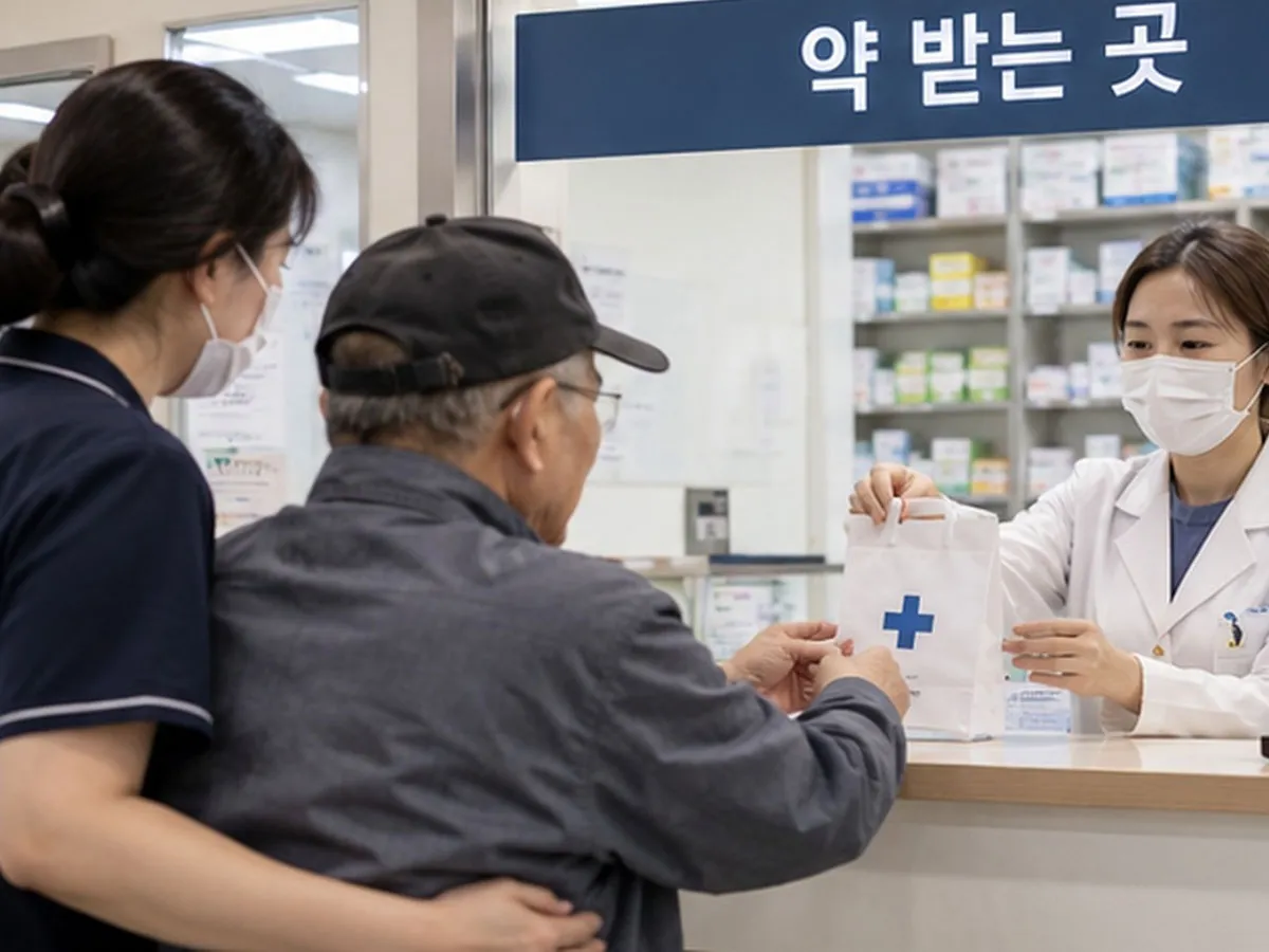 진료를 마친 어르신이 요양보호사의 도움을 받아 약국에서 처방약을 수령하는 모습. 병원동행 서비스는 진료 이후 약 수령까지 지원해 어르신과 가족의 돌봄 부담을 덜어준다.